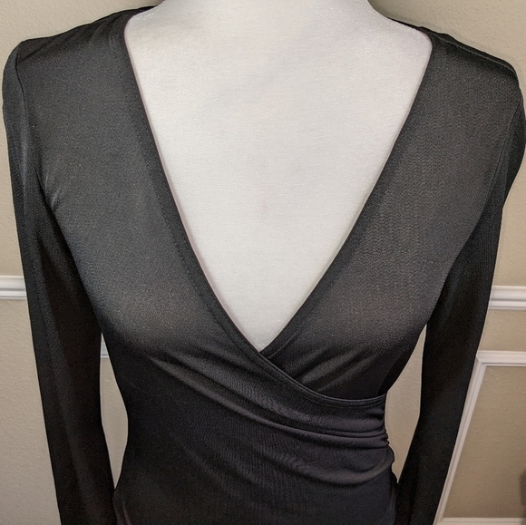 Black Faux Wrap Front Long Bell Sleeve by Self Esteem - Picture 5 of 6